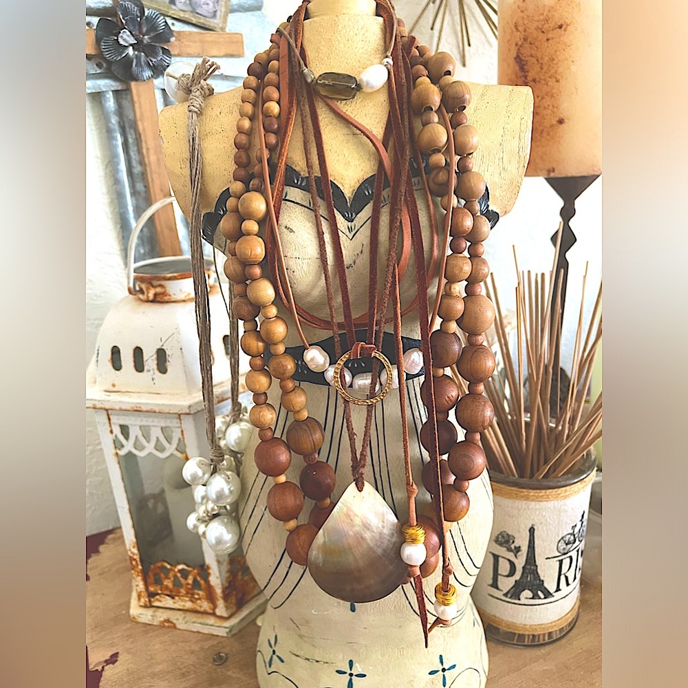 Gorgeous Nature Natural Wooden Bead Necklace Collection w Pearls, Abalone, Jute - Picture 7 of 12